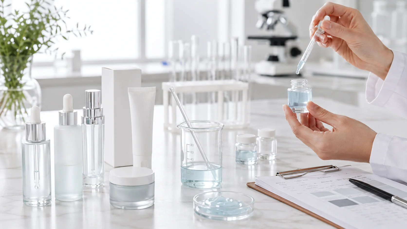Hands holding liquid in a dropper while testing skincare products in a laboratory with beakers, test tubes, and cosmetic packaging visible.